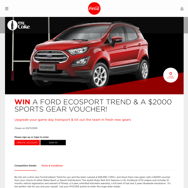 Win a Ford Ecosport Trend and a $2000 Sports Gear Voucher