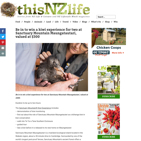 Win a kiwi experience for two at Sanctuary Mountain Maungatautari