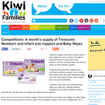 Win a month's supply of Treasures Newborn and Infant size nappies and Baby Wipes
