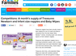 Win a month's supply of Treasures Newborn and Infant size nappies and Baby Wipes