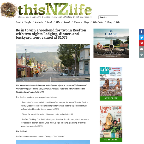Win a weekend for two in Reefton with two nights’ lodging, dinner, and backyard tour