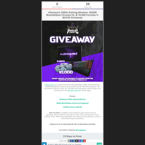 Win an Alienware 240Hz Gaming Monitor, RAZER BlackWidow Chroma V2, & 10,000 Fortnite V-BUCKS