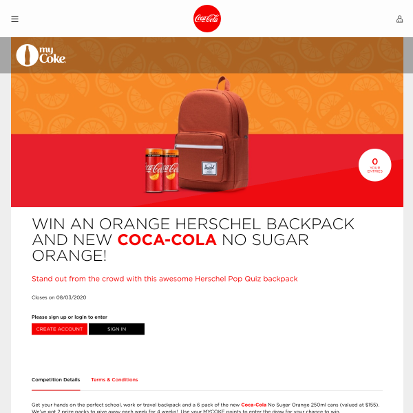 Win an Orange Herschel Backpack and New Coca-Cola No Sugar Orange
