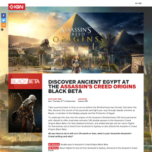 Win Return flights for two (2) from Auckland to Sydney. Entrance to the Assassin's Creed Event