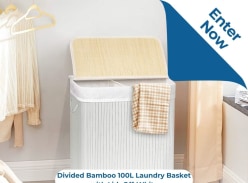 Win Stylish Divided Bamboo 100L Laundry Basket with Lid in off-White