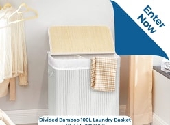 Win Stylish Divided Bamboo 100L Laundry Basket with Lid in off-White